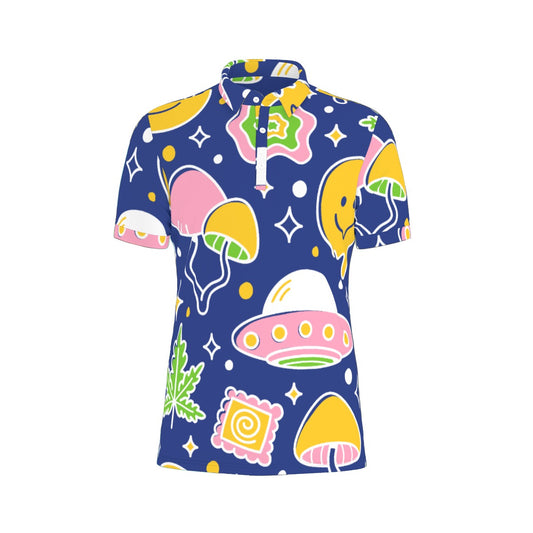 Whimsical Mushroom Polo Shirt: A playful design featuring stylized mushrooms, stars, and colorful shapes on a dark blue background